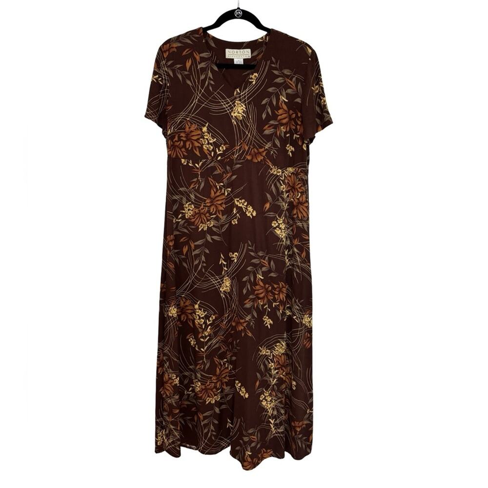 Vintage 90s Norton McNaughton Fall Floral Maxi Dress in Chocolate Brown - Size M